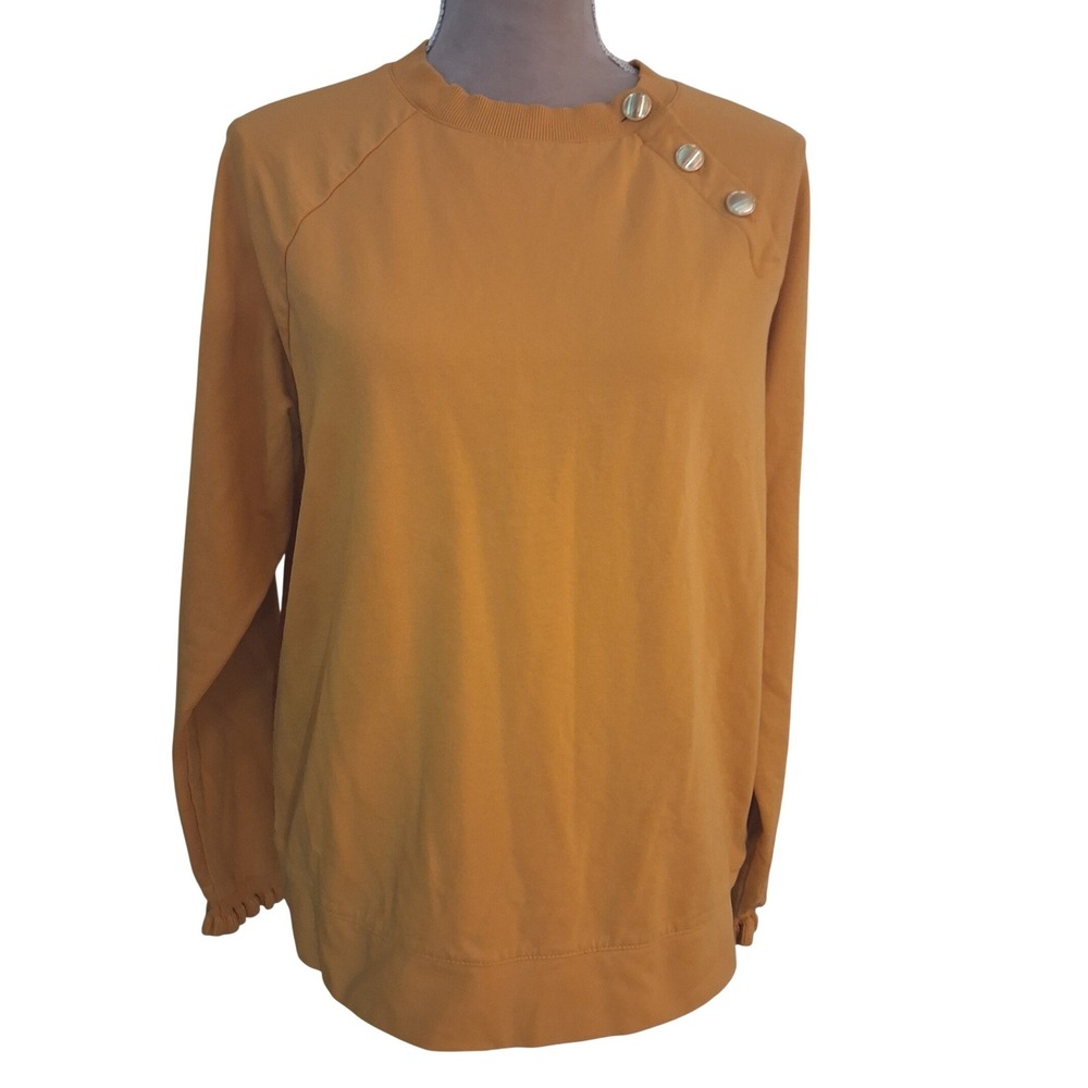 Talbots Womens Mustard Yellow Button Shoulder Ruffle Cuff Sweatshirt Top Large